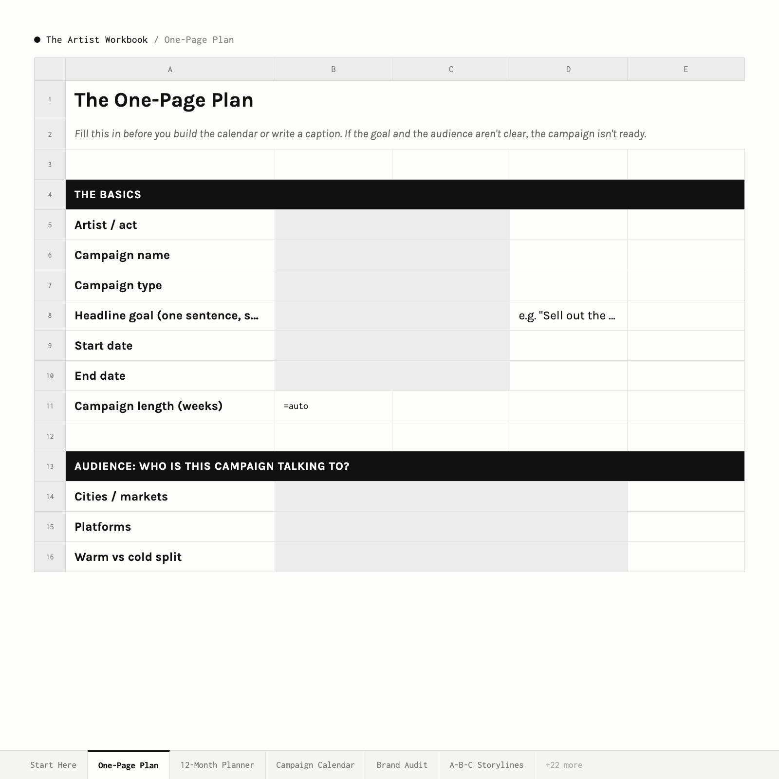 The Artist · One-Page Plan tab