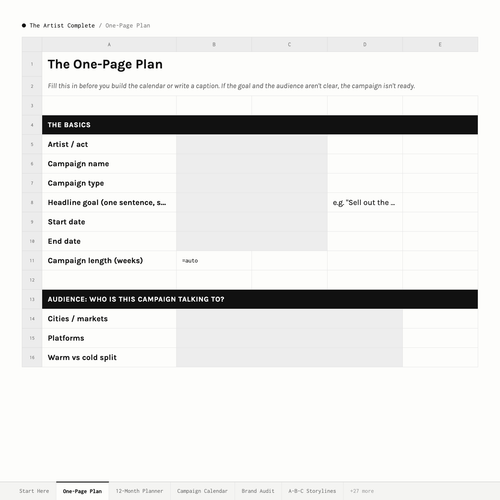 The Manager & Label · One-Page Plan tab