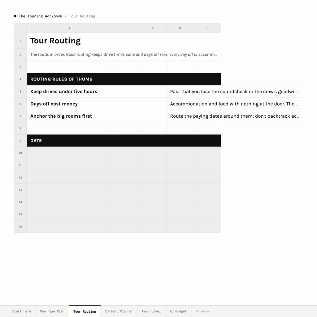 The Venue, Festival & Tour · Tour Routing tab