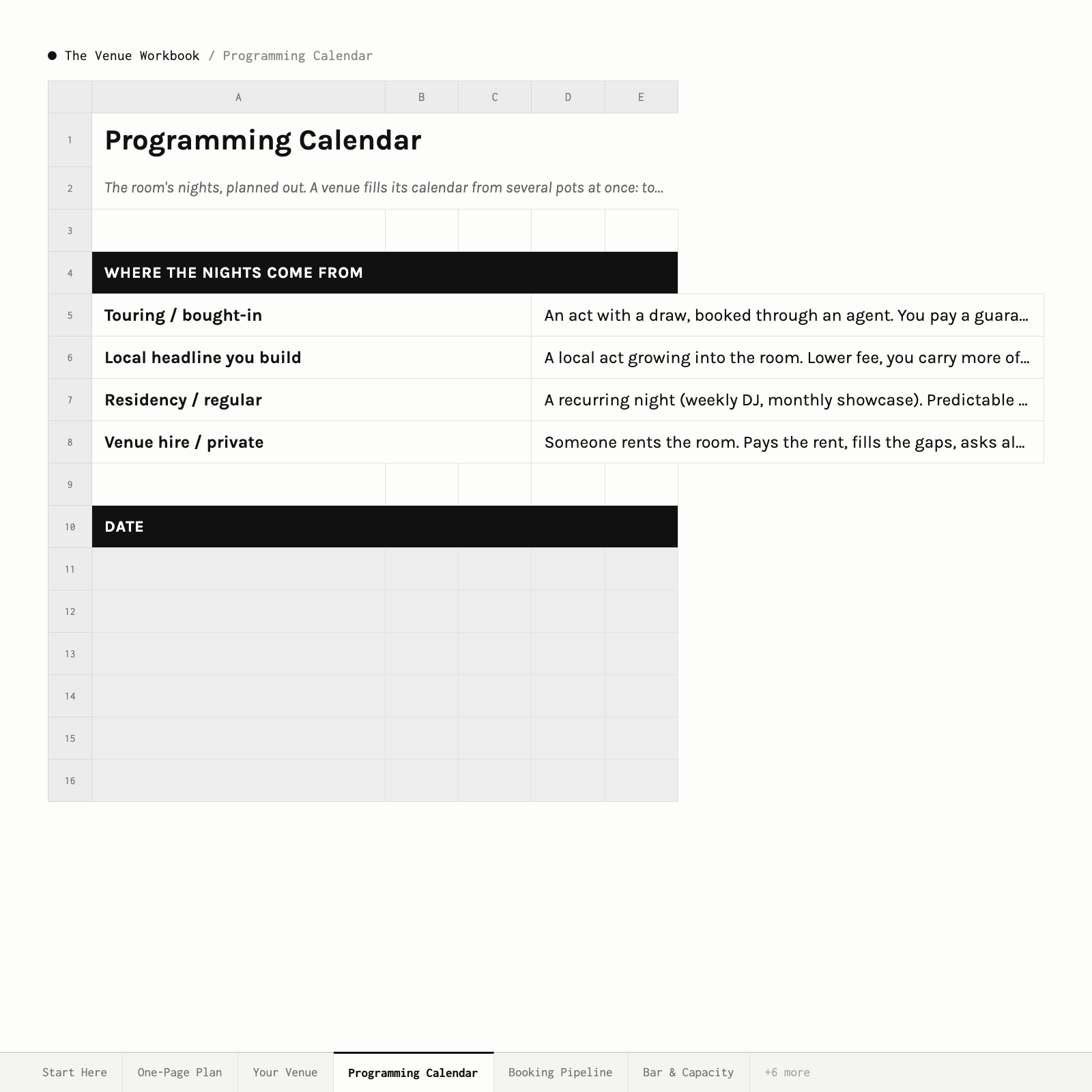 The Venue, Festival & Tour · Programming Calendar tab