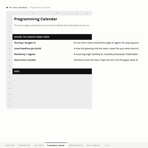 The Venue, Festival & Tour · Programming Calendar tab